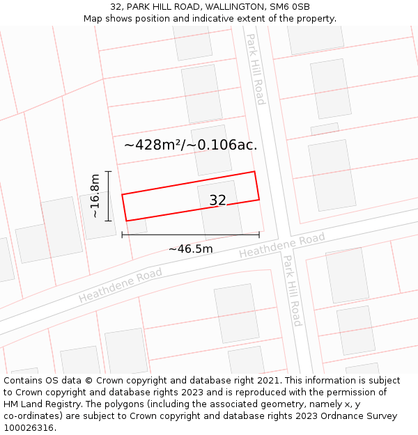 32, PARK HILL ROAD, WALLINGTON, SM6 0SB: Plot and title map