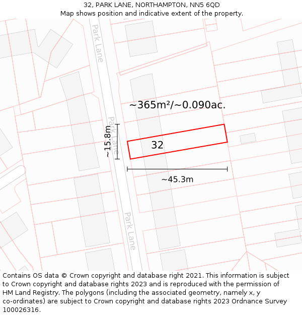 32, PARK LANE, NORTHAMPTON, NN5 6QD: Plot and title map