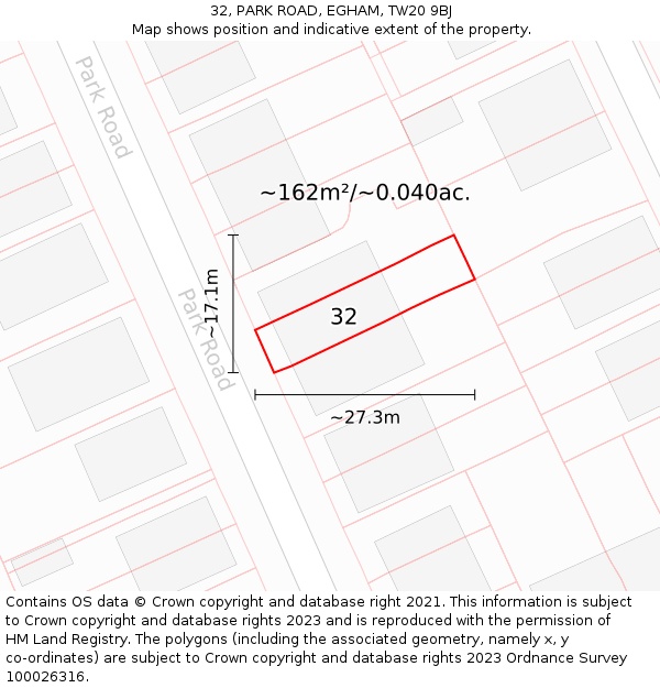 32, PARK ROAD, EGHAM, TW20 9BJ: Plot and title map