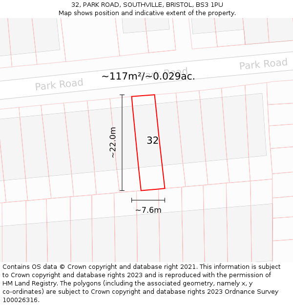 32, PARK ROAD, SOUTHVILLE, BRISTOL, BS3 1PU: Plot and title map