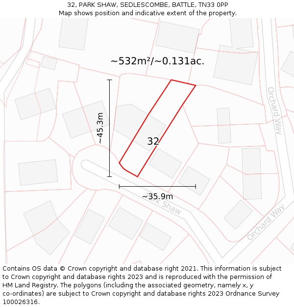 32, PARK SHAW, SEDLESCOMBE, BATTLE, TN33 0PP: Plot and title map