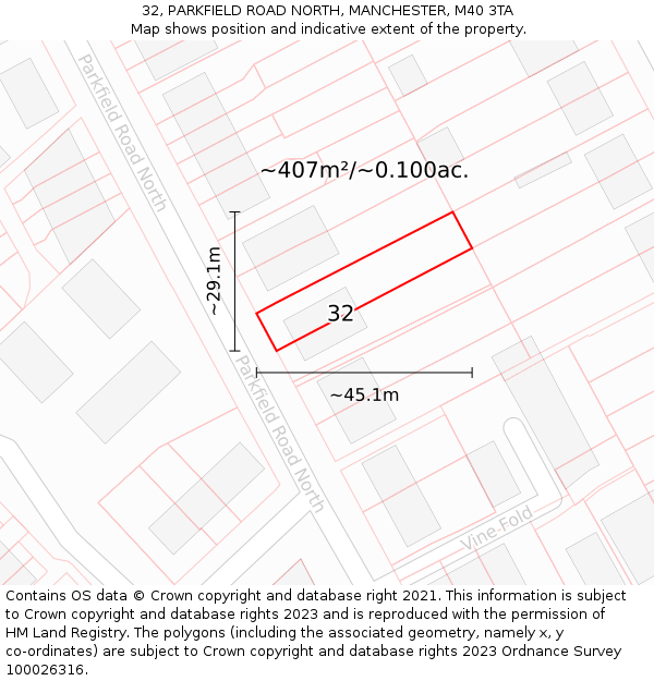 32, PARKFIELD ROAD NORTH, MANCHESTER, M40 3TA: Plot and title map