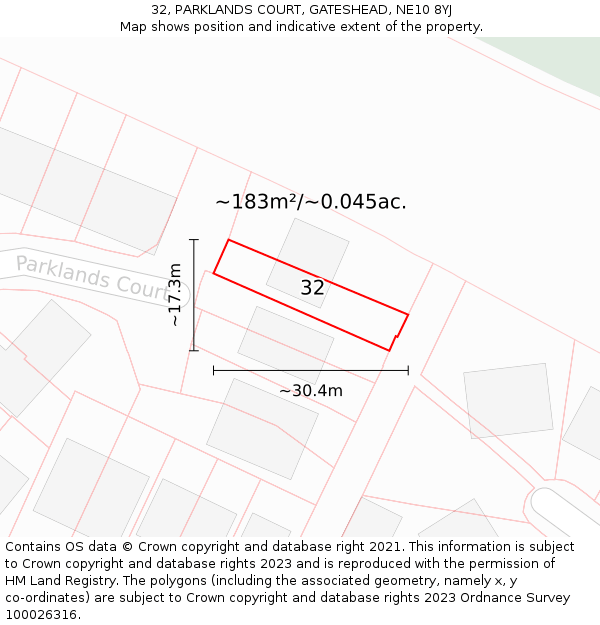 32, PARKLANDS COURT, GATESHEAD, NE10 8YJ: Plot and title map