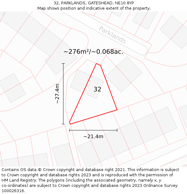 32, PARKLANDS, GATESHEAD, NE10 8YP: Plot and title map