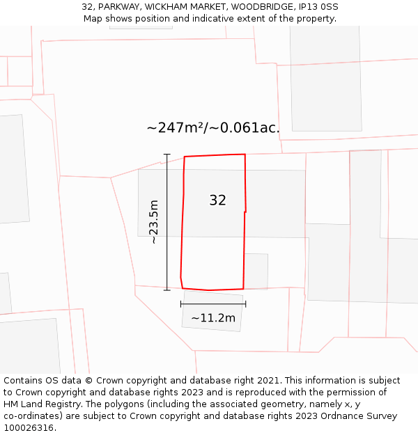 32, PARKWAY, WICKHAM MARKET, WOODBRIDGE, IP13 0SS: Plot and title map