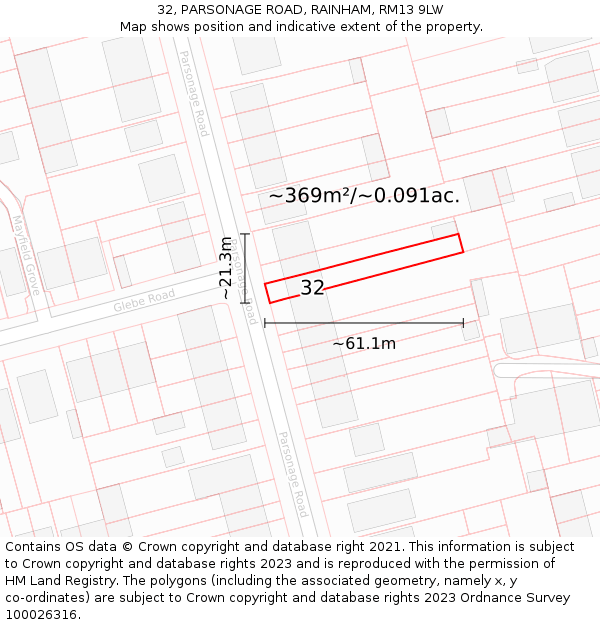 32, PARSONAGE ROAD, RAINHAM, RM13 9LW: Plot and title map