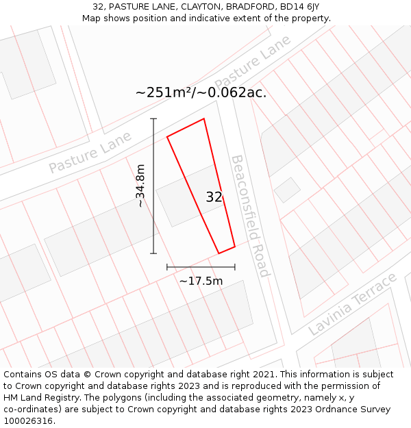 32, PASTURE LANE, CLAYTON, BRADFORD, BD14 6JY: Plot and title map