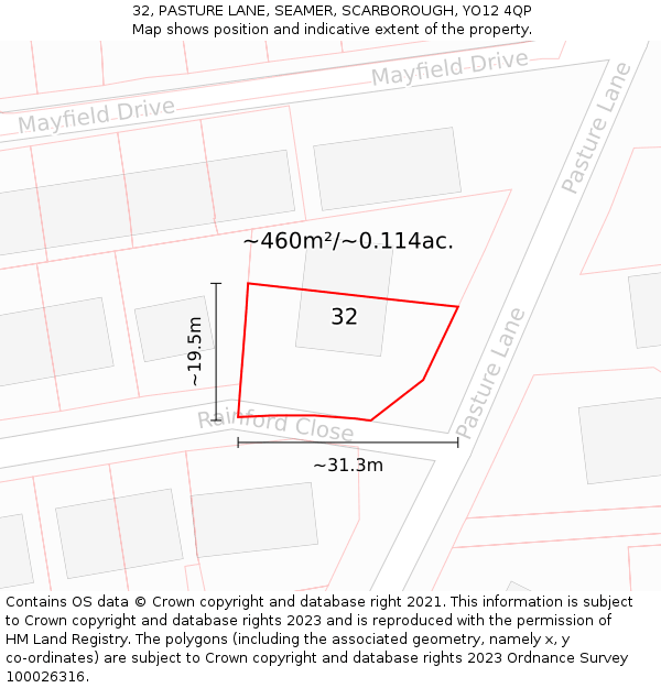 32, PASTURE LANE, SEAMER, SCARBOROUGH, YO12 4QP: Plot and title map