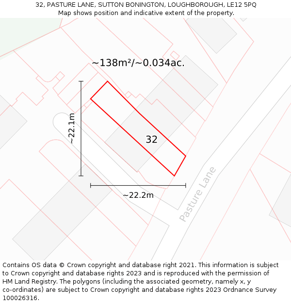 32, PASTURE LANE, SUTTON BONINGTON, LOUGHBOROUGH, LE12 5PQ: Plot and title map