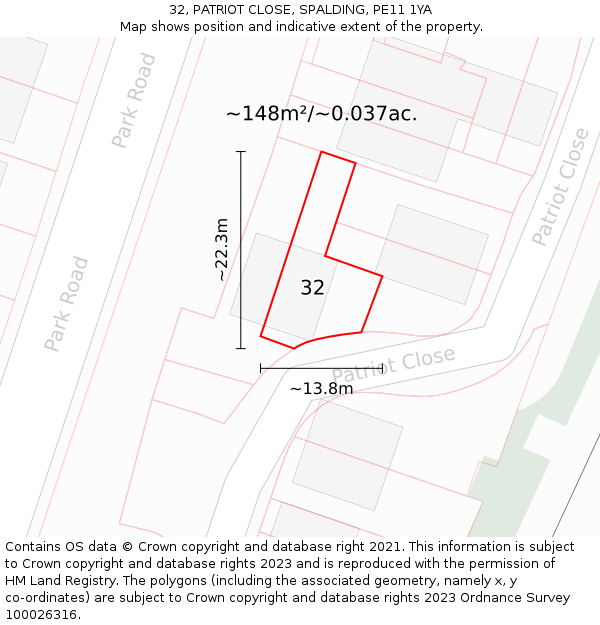 32, PATRIOT CLOSE, SPALDING, PE11 1YA: Plot and title map