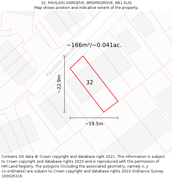 32, PAVILION GARDENS, BROMSGROVE, B61 0UQ: Plot and title map