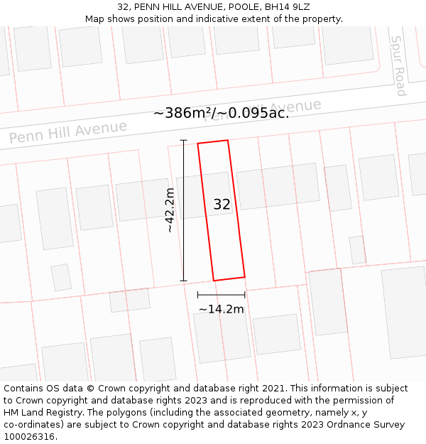 32, PENN HILL AVENUE, POOLE, BH14 9LZ: Plot and title map