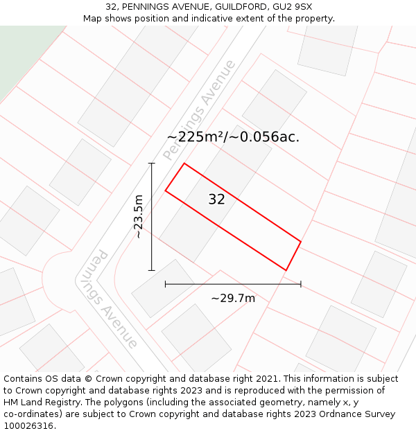 32, PENNINGS AVENUE, GUILDFORD, GU2 9SX: Plot and title map