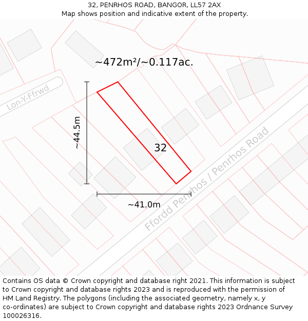 32, PENRHOS ROAD, BANGOR, LL57 2AX: Plot and title map