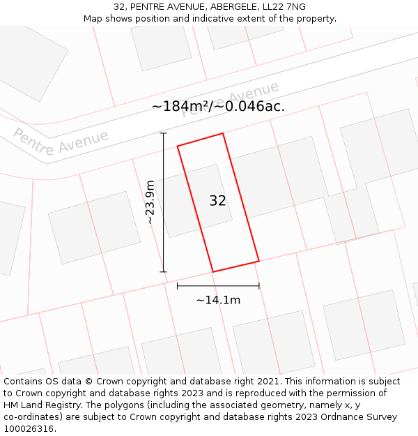 32, PENTRE AVENUE, ABERGELE, LL22 7NG: Plot and title map