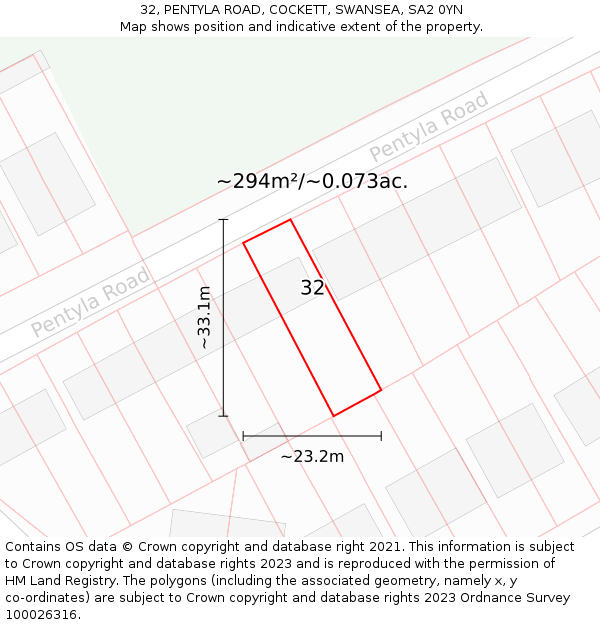 32, PENTYLA ROAD, COCKETT, SWANSEA, SA2 0YN: Plot and title map