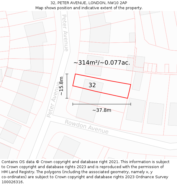 32, PETER AVENUE, LONDON, NW10 2AP: Plot and title map