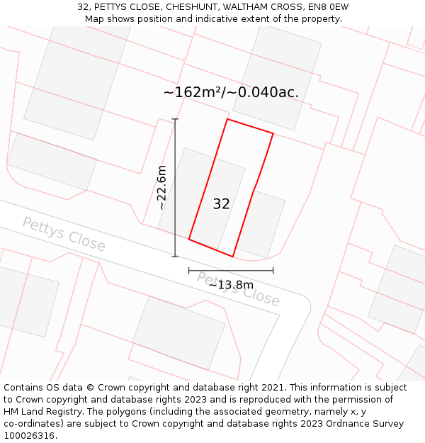 32, PETTYS CLOSE, CHESHUNT, WALTHAM CROSS, EN8 0EW: Plot and title map