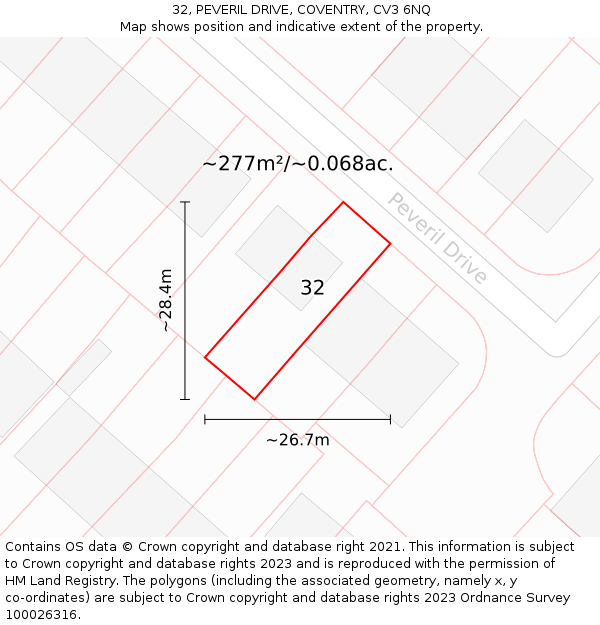 32, PEVERIL DRIVE, COVENTRY, CV3 6NQ: Plot and title map