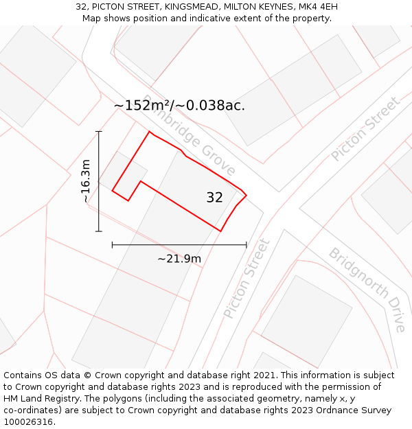 32, PICTON STREET, KINGSMEAD, MILTON KEYNES, MK4 4EH: Plot and title map