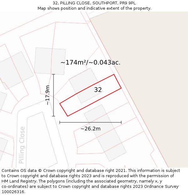 32, PILLING CLOSE, SOUTHPORT, PR9 9PL: Plot and title map