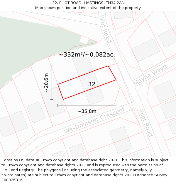 32, PILOT ROAD, HASTINGS, TN34 2AN: Plot and title map