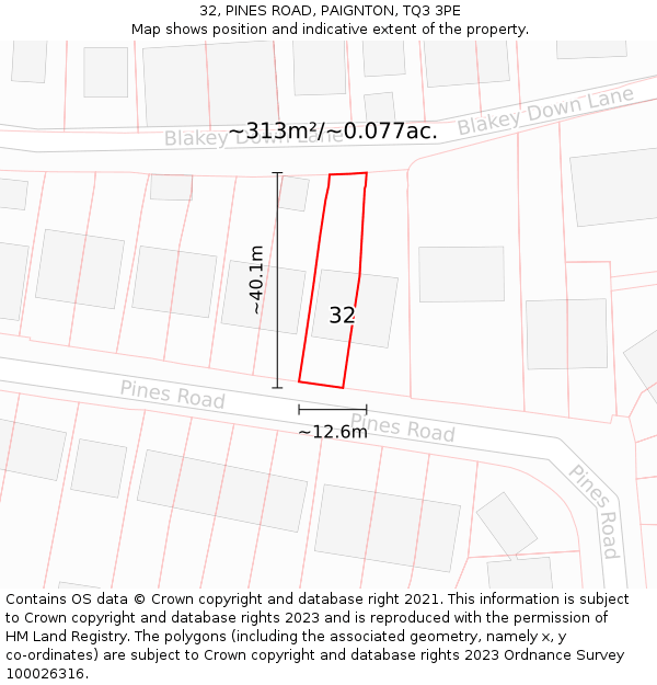 32, PINES ROAD, PAIGNTON, TQ3 3PE: Plot and title map