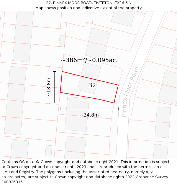 32, PINNEX MOOR ROAD, TIVERTON, EX16 6JN: Plot and title map