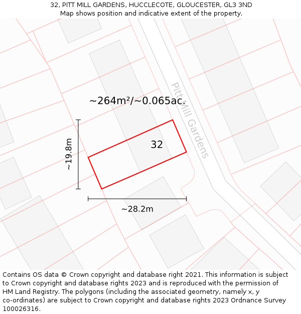 32, PITT MILL GARDENS, HUCCLECOTE, GLOUCESTER, GL3 3ND: Plot and title map