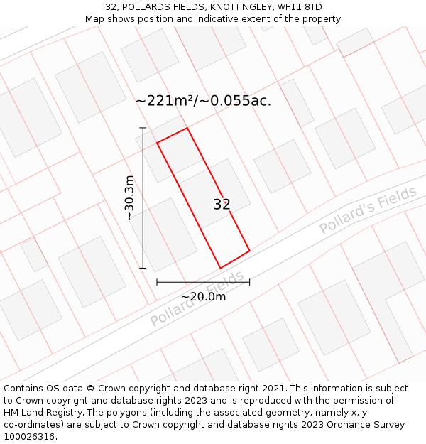 32, POLLARDS FIELDS, KNOTTINGLEY, WF11 8TD: Plot and title map