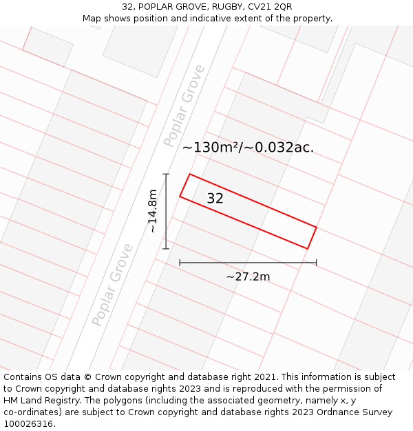 32, POPLAR GROVE, RUGBY, CV21 2QR: Plot and title map