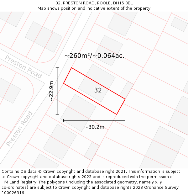 32, PRESTON ROAD, POOLE, BH15 3BL: Plot and title map