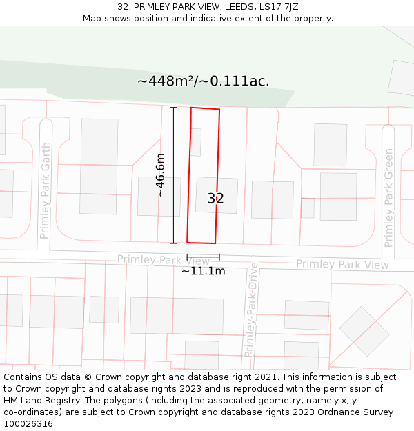 32, PRIMLEY PARK VIEW, LEEDS, LS17 7JZ: Plot and title map