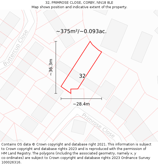 32, PRIMROSE CLOSE, CORBY, NN18 8LE: Plot and title map