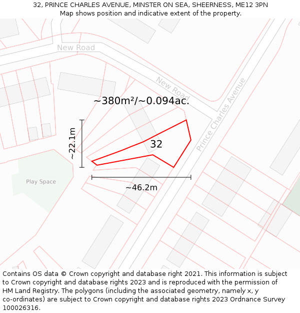 32, PRINCE CHARLES AVENUE, MINSTER ON SEA, SHEERNESS, ME12 3PN: Plot and title map