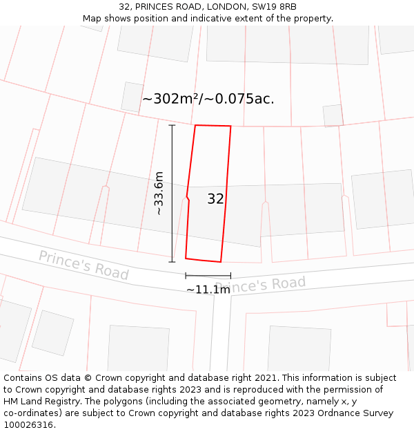 32, PRINCES ROAD, LONDON, SW19 8RB: Plot and title map