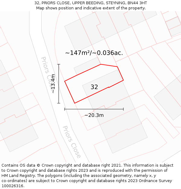 32, PRIORS CLOSE, UPPER BEEDING, STEYNING, BN44 3HT: Plot and title map