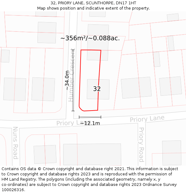 32, PRIORY LANE, SCUNTHORPE, DN17 1HT: Plot and title map