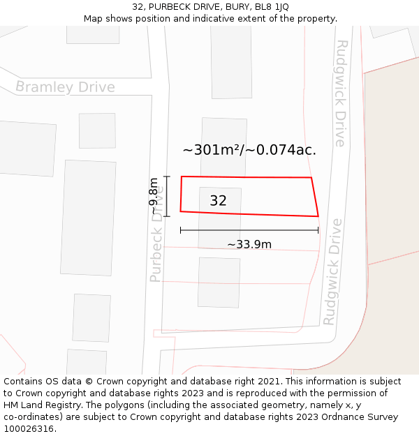 32, PURBECK DRIVE, BURY, BL8 1JQ: Plot and title map