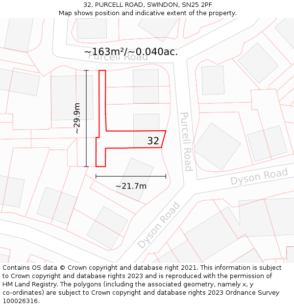 32, PURCELL ROAD, SWINDON, SN25 2PF: Plot and title map