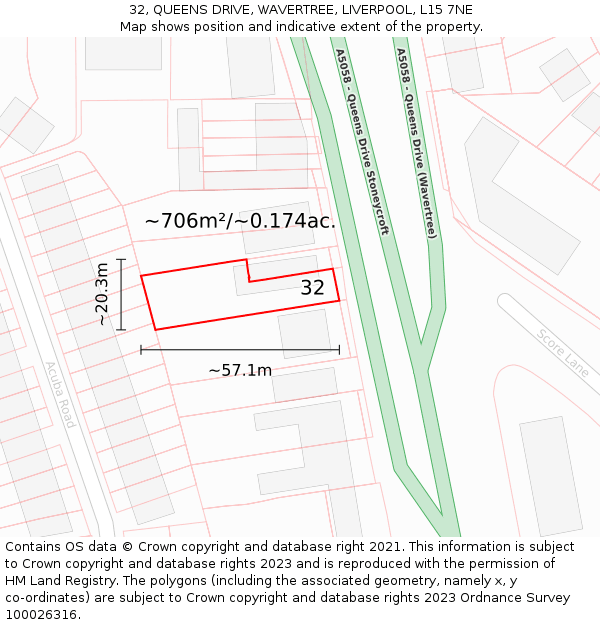 32, QUEENS DRIVE, WAVERTREE, LIVERPOOL, L15 7NE: Plot and title map