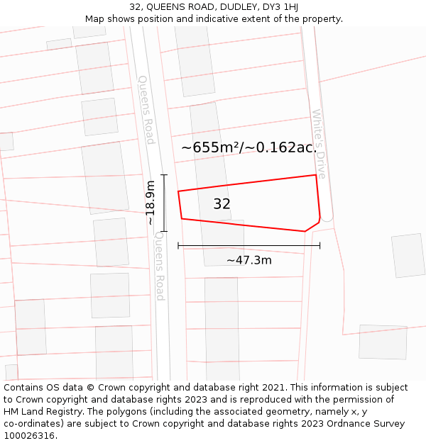 32, QUEENS ROAD, DUDLEY, DY3 1HJ: Plot and title map