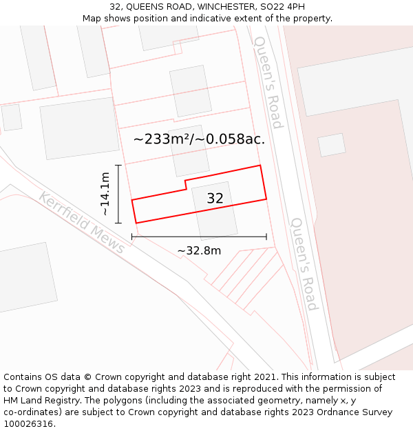 32, QUEENS ROAD, WINCHESTER, SO22 4PH: Plot and title map