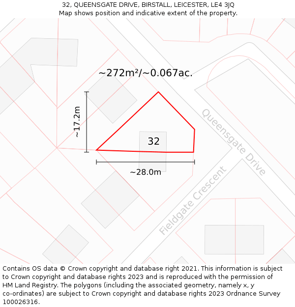 32, QUEENSGATE DRIVE, BIRSTALL, LEICESTER, LE4 3JQ: Plot and title map