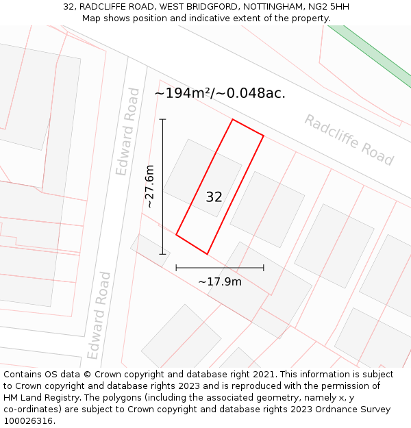 32, RADCLIFFE ROAD, WEST BRIDGFORD, NOTTINGHAM, NG2 5HH: Plot and title map