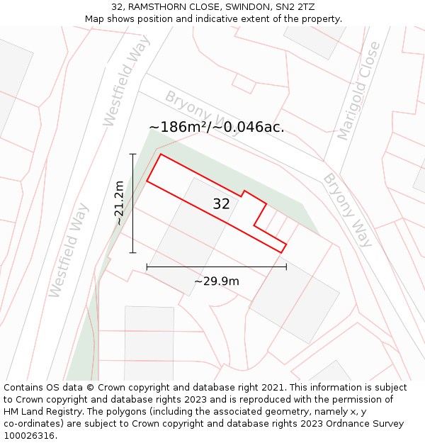 32, RAMSTHORN CLOSE, SWINDON, SN2 2TZ: Plot and title map