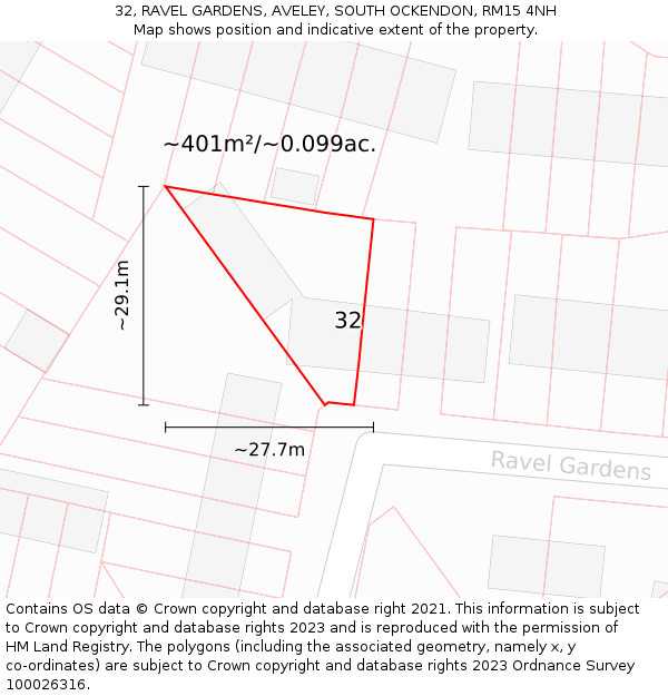 32, RAVEL GARDENS, AVELEY, SOUTH OCKENDON, RM15 4NH: Plot and title map