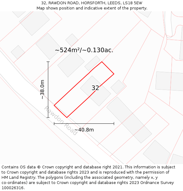 32, RAWDON ROAD, HORSFORTH, LEEDS, LS18 5EW: Plot and title map