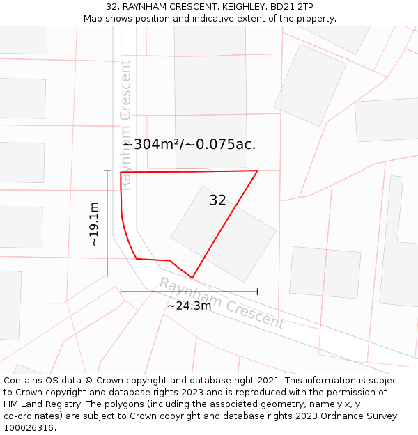 32, RAYNHAM CRESCENT, KEIGHLEY, BD21 2TP: Plot and title map