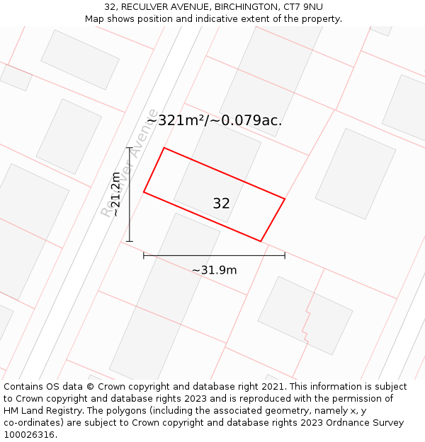 32, RECULVER AVENUE, BIRCHINGTON, CT7 9NU: Plot and title map